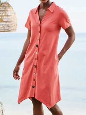 Soft Surroundings Danielle Button Shirt Midi Dress M Deep Sea Coral Pockets